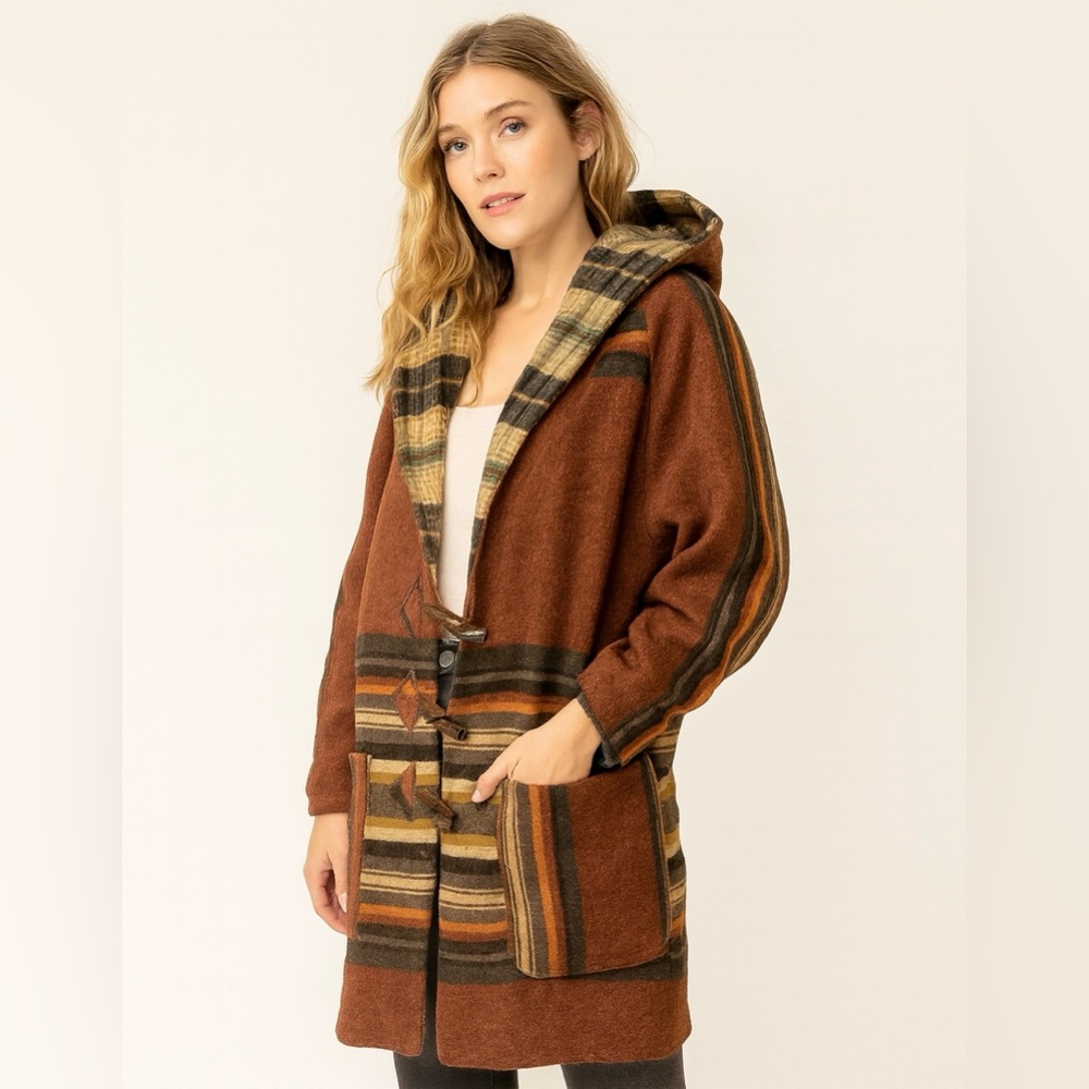 Bohemian Hooded Wool-Blend Coat with Flannel Lining Women’s XL-XXL Hygge Cozy